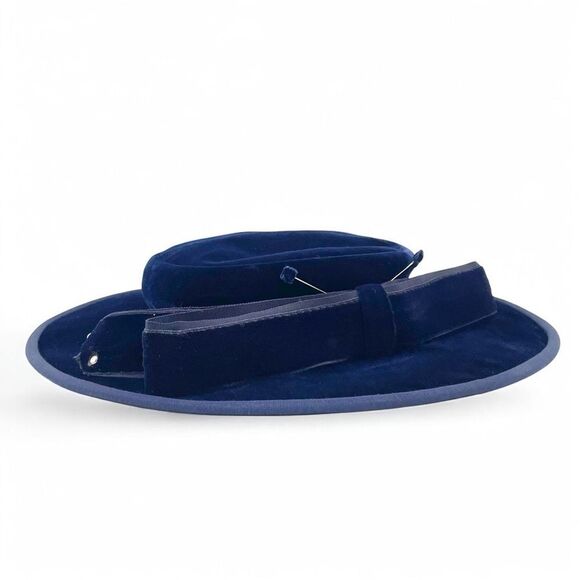 Vintage Makoff Salt Lake City Navy Blue Velvet Hat 22 1/2 Wide Brim Ribbon Bow - Picture 6 of 15
